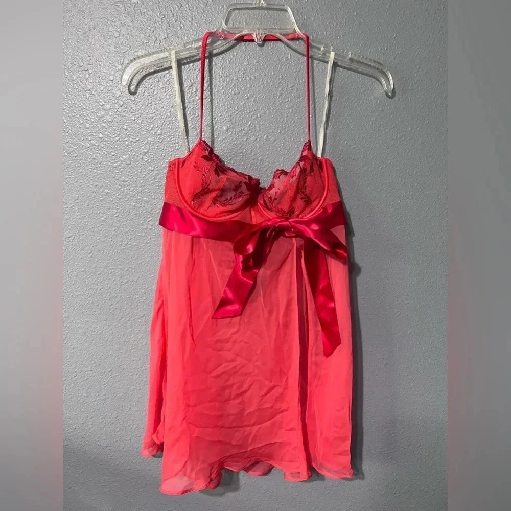 Victoria's Secret Very Sexy Lingerie Babydoll Burnt Orange/Red Bow Sz 36B NWT